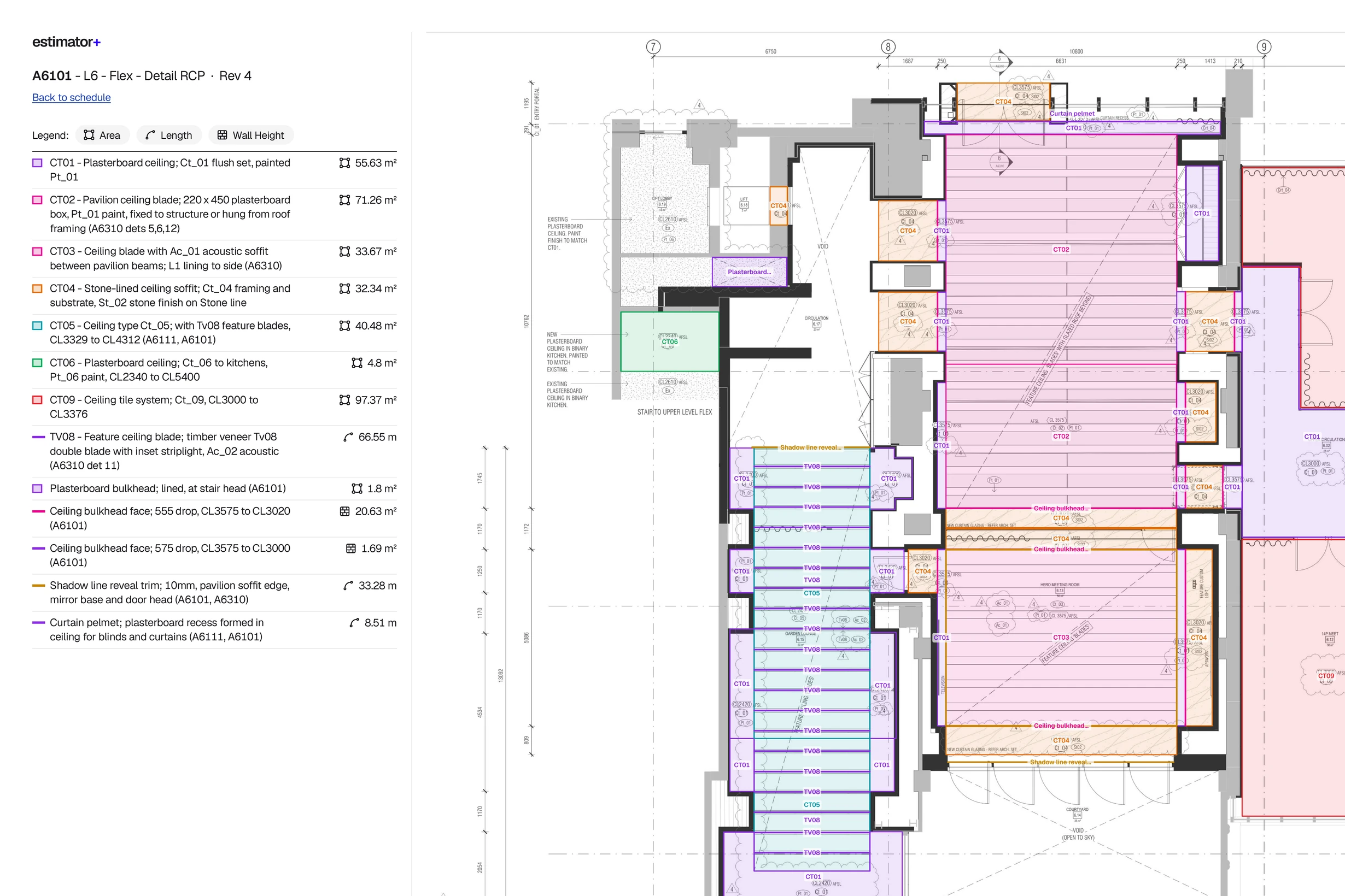 A marked-up plan in the BOQ: the ceiling plan with every measured ceiling type and its quantity in the legend