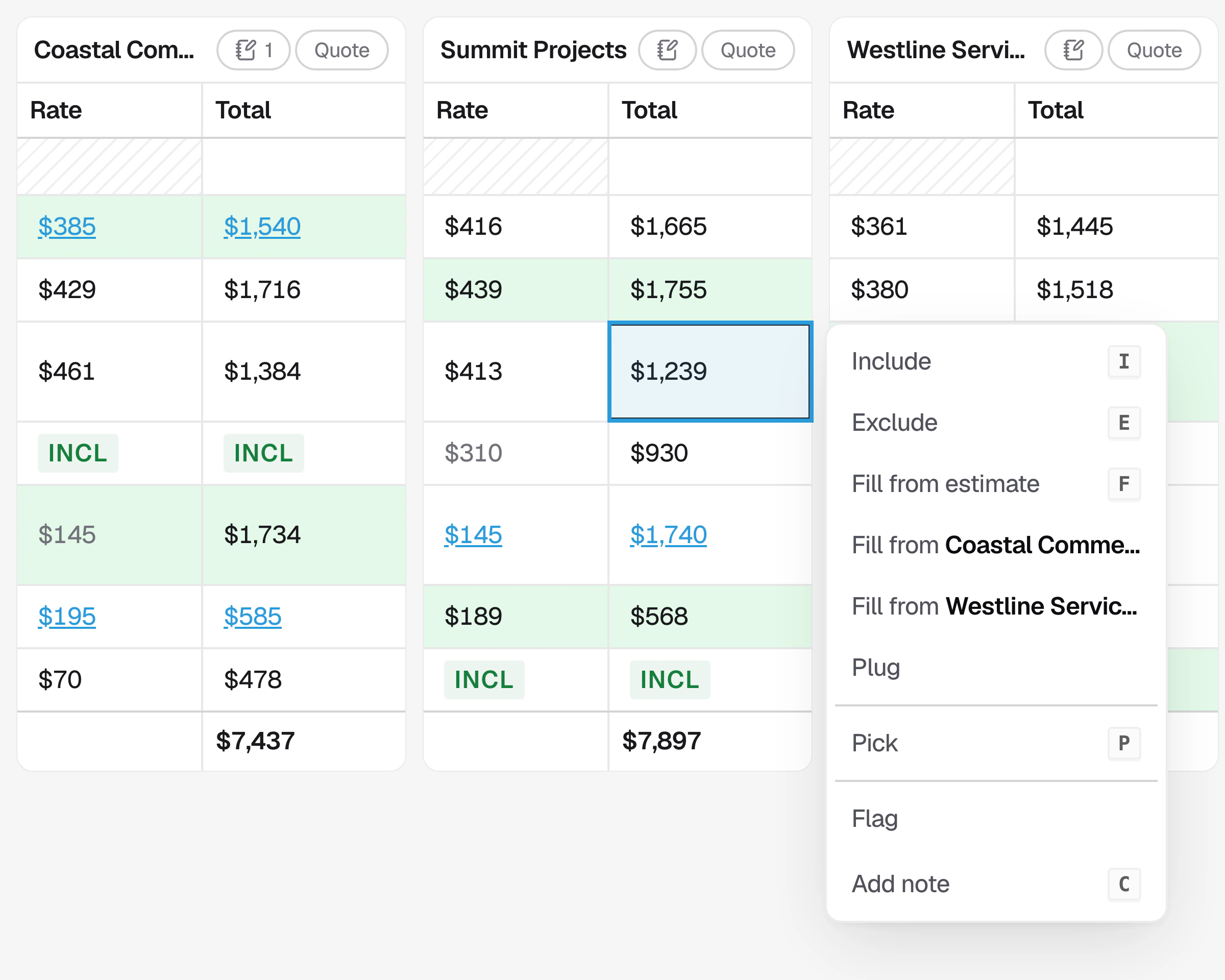 Three subcontractors’ quotes in their own columns, picks in green, two lines included, and the cell menu open with Fill from Coastal Commercial and Fill from Westline Services